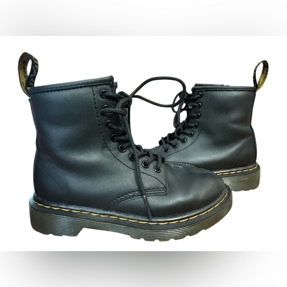 Dr. Martens Black Leather Kids Lace-Up Boots with Yellow Stitching
